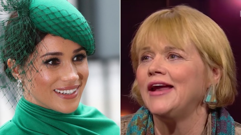 Meghan Markle looking to the right, Samantha Markle looking left