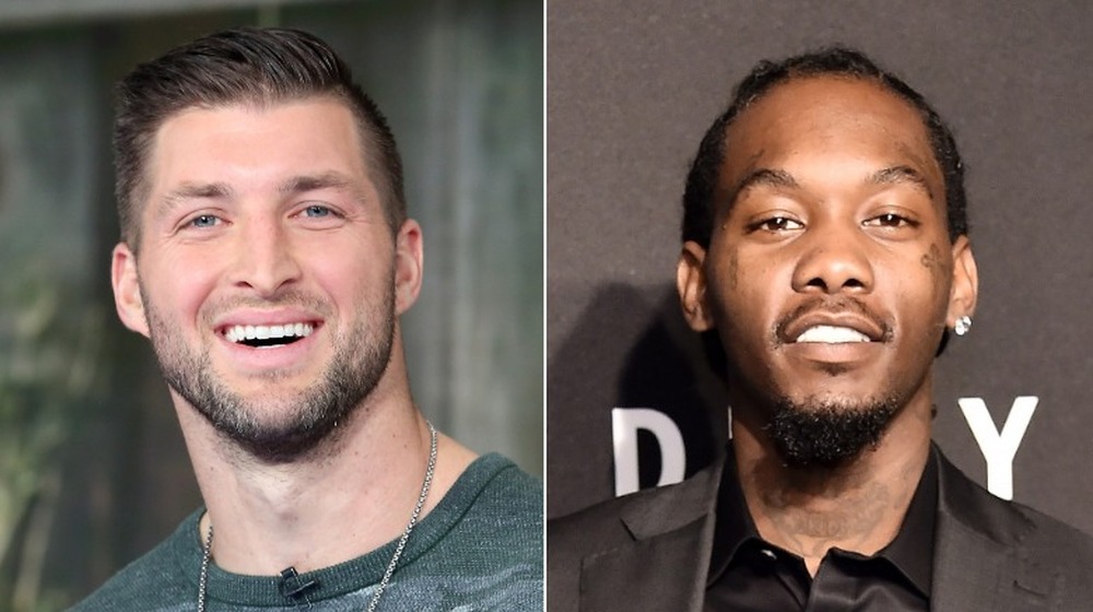 Tim Tebow and Offset smiling in split image