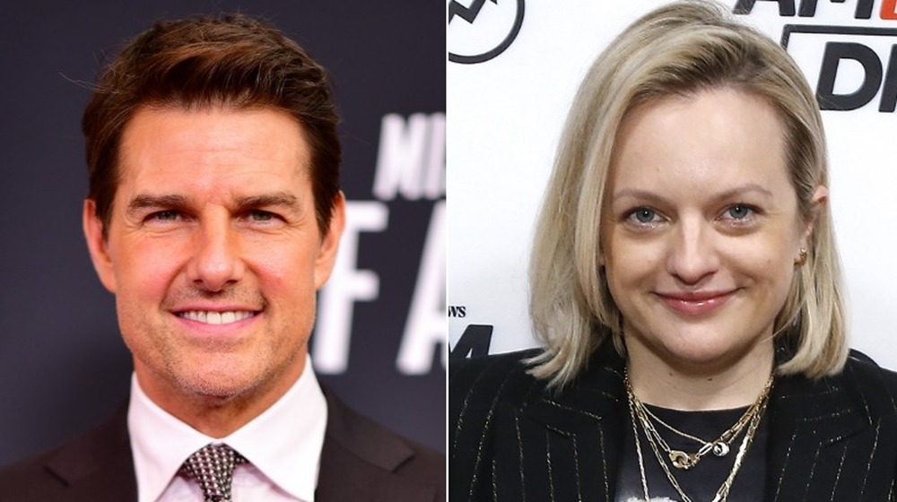 Tom Cruise, smiling in suit, premiere background; Elisabeth Moss, straight hair, dressed casually, smirking