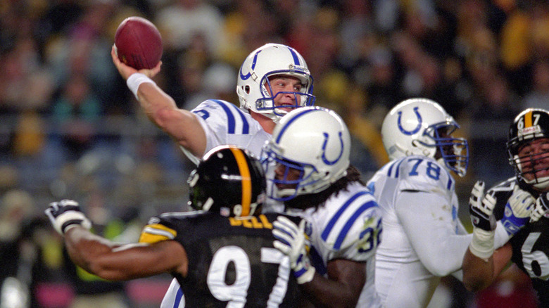 Peyton Manning passing against the Pittsburgh Steelers