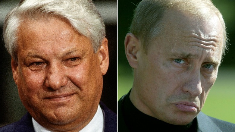 Grinning Boris Yeltsin, pouting Vladimir Putin