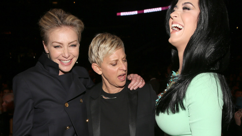 Portia de Rossi, comedienne Ellen DeGeneres and singer Katy Perry attend the 55th Annual GRAMMY Awards