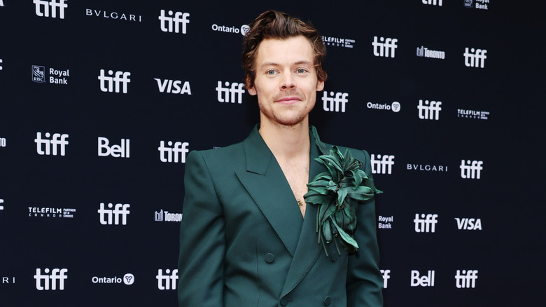 Harry Styles poses in green blazer