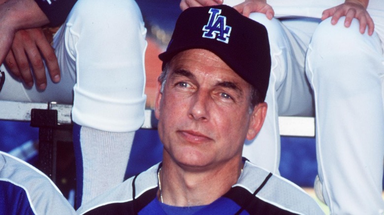 Mark Harmon wearing a Dodgers jersey