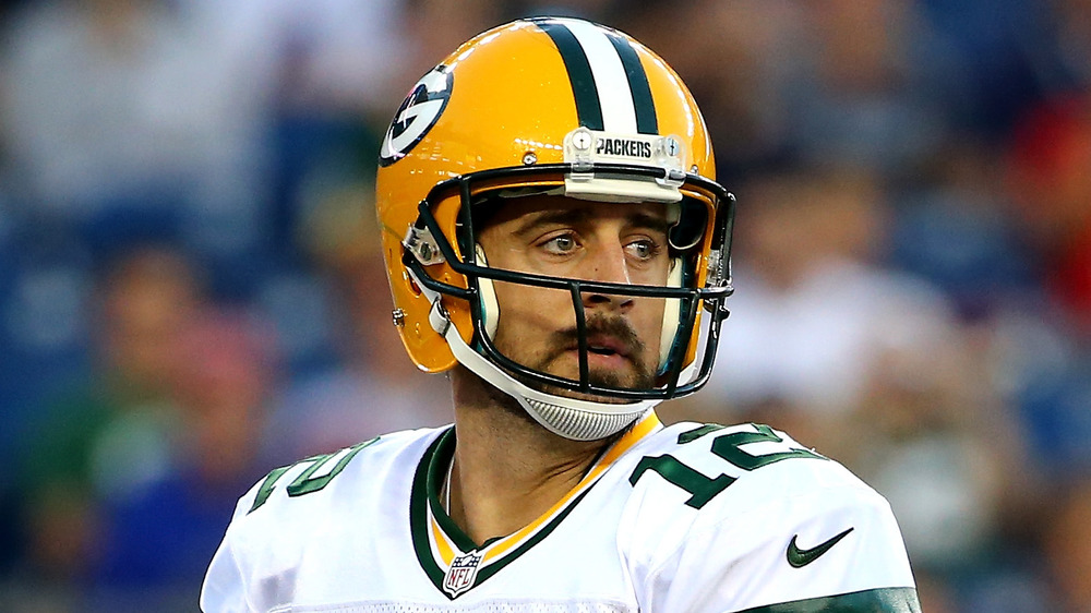 Aaron Rodgers looking intense on the field 