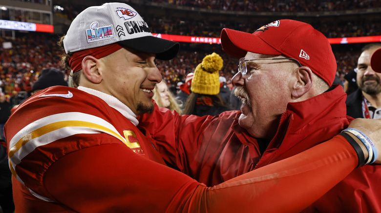 Patrick Mahomes celebrating with Andy Reid