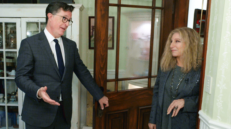 Stephen Colbert and Barbra Streisand in her basement mall