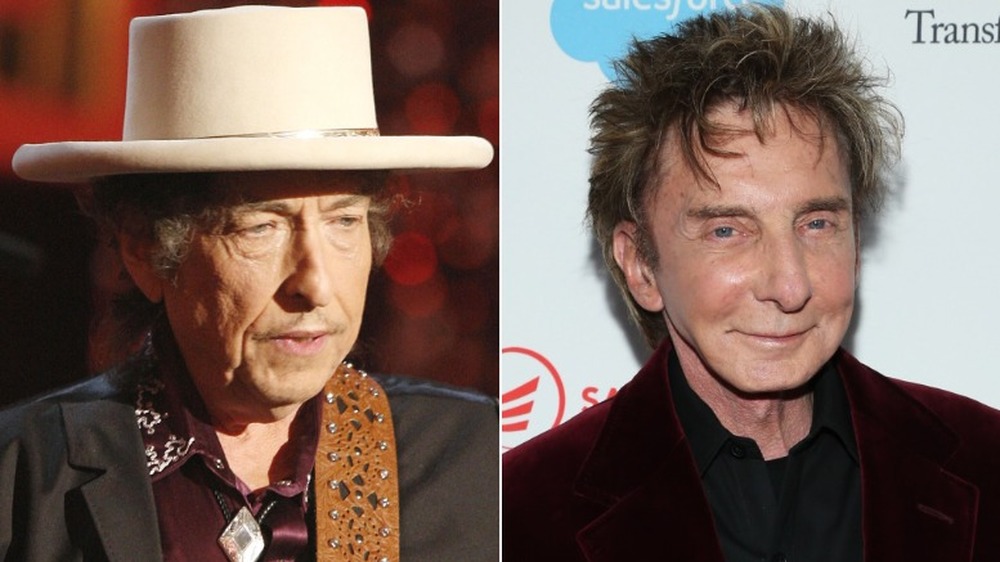 Bob Dylan wearing a hat (left), Barry Manilow smiling (right)