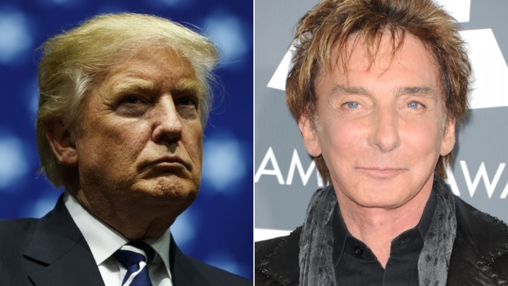 Donald Trump looking mad (left), Barry Manilow smiling (right)
