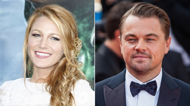 Leonardo DiCaprio looking on, left; Blake Lively smiling, right