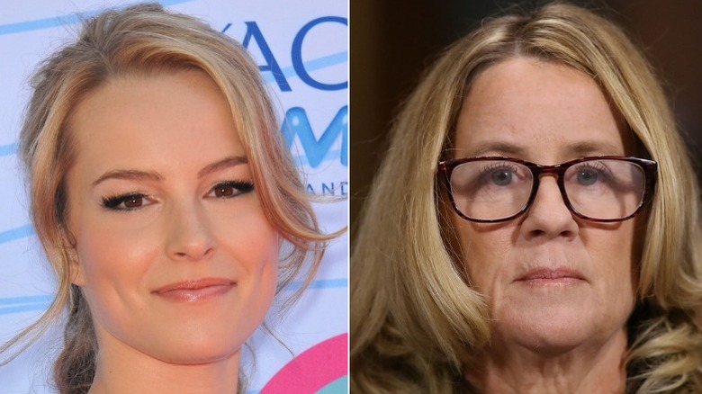 Left: Bridgit Mendler, smiling softly; Right: Dr. Christine Blasey Ford, looking ahead