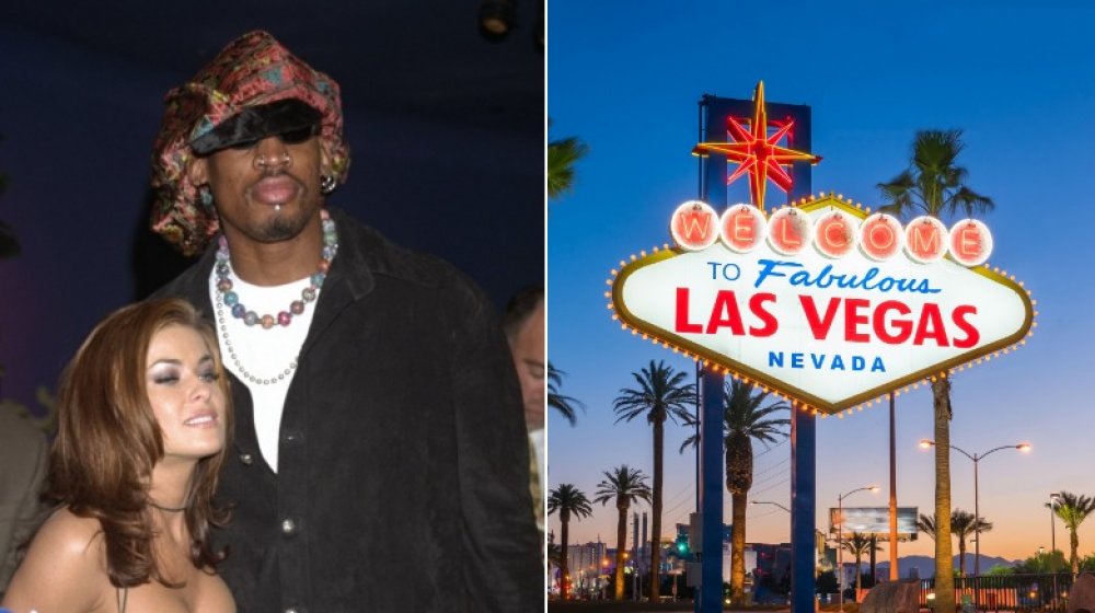 Carmen Electra, Dennis Rodman, and Las Vegas split image