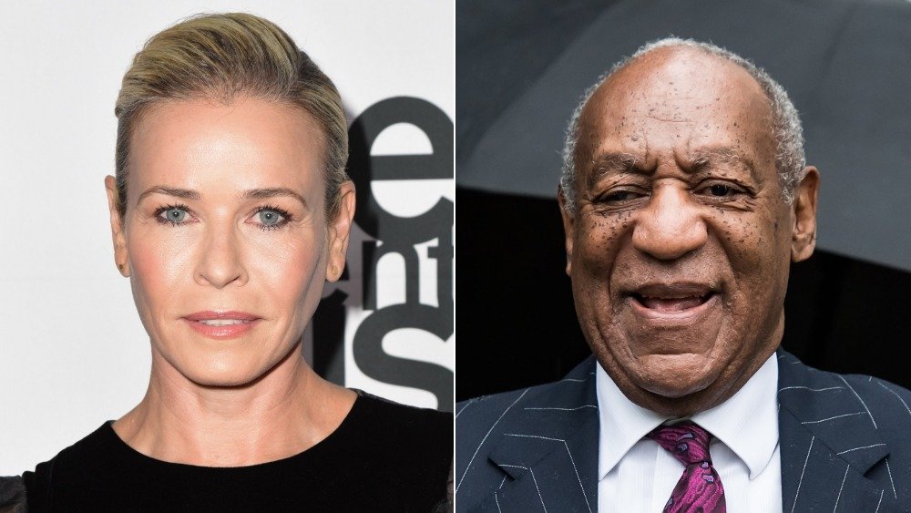 Split image of Chelsea Handler with a serious expression, and Bill Cosby ahead of his 2018 sentencing