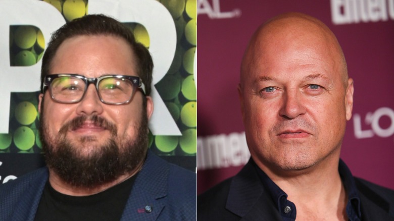 Chaz Bono smiling and Michael Chiklis posing, split image