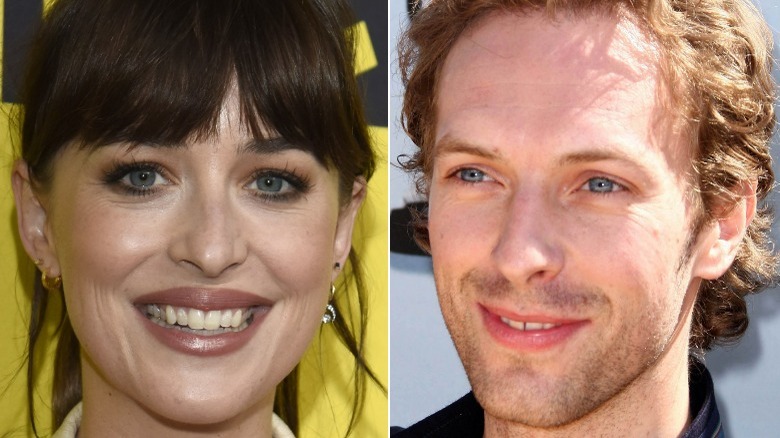 Dakota Johnson smiling, Chris Martin smiling