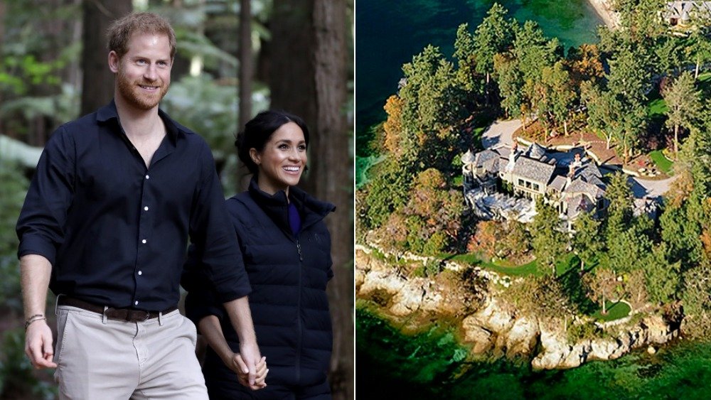 Split image of Prince Harry, Meghan Markle dressed casually, holding hands, and smiling while walking in the woods, and the house in Canada where they stayed