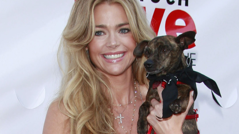 Denise Richards holding a small dog