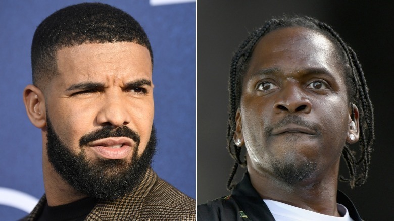 A composite image of Drake wearing a plaid blazer, Pusha T wearing black and white