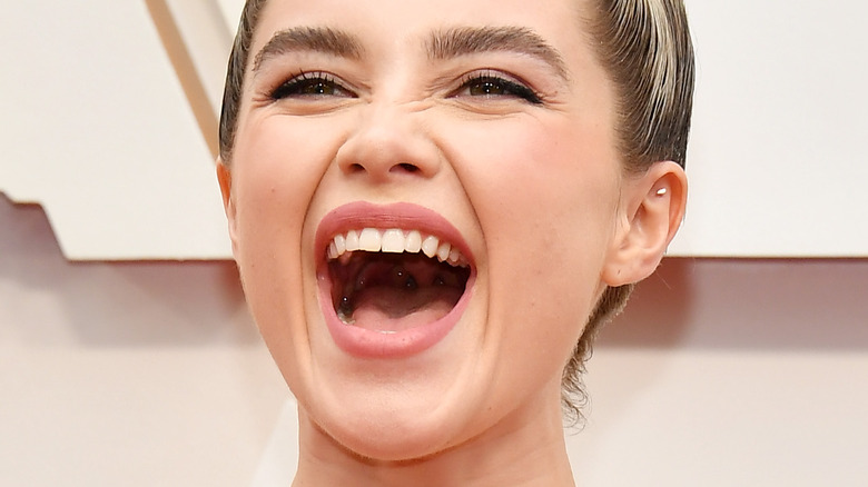 Florence Pugh with her mouth open