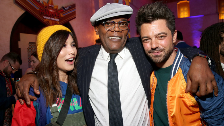 Gemma Chan, Samuel L. Jackson, and Dominic Cooper at the premiere of 'Captain Marvel'