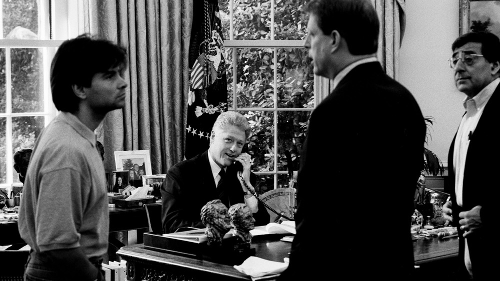 George Stephanopoulos, Bill Clinton, Al Gore, and Leon Panetta in Oval Office