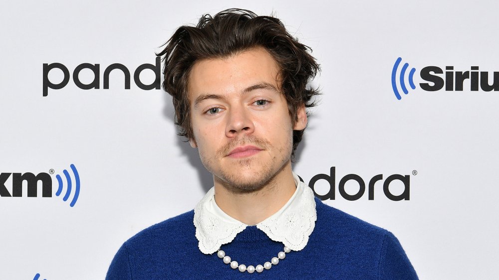 Harry Styles posing with a neutral expression in a blue sweater and pearl necklace