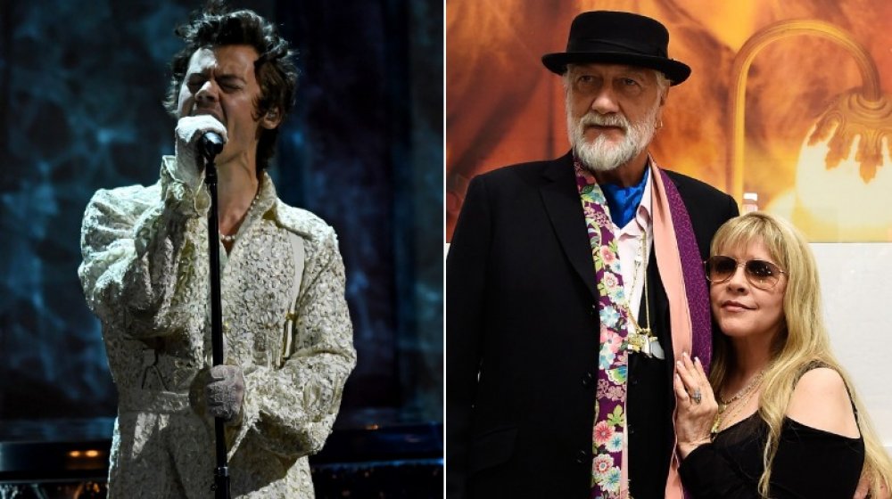 Split image of Harry Styles and Mick Fleetwood with Stevie Nicks