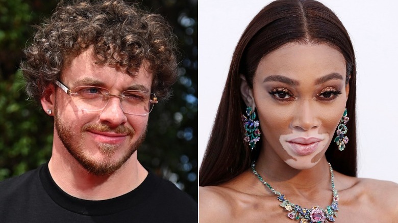 Winnie Harlow and Jack Harlow, split image, both posing