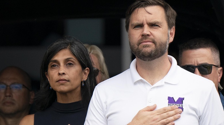 Usha and JD Vance stand for national anthem