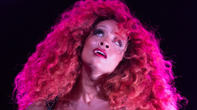 Jillian Hervey sporting big pink hair