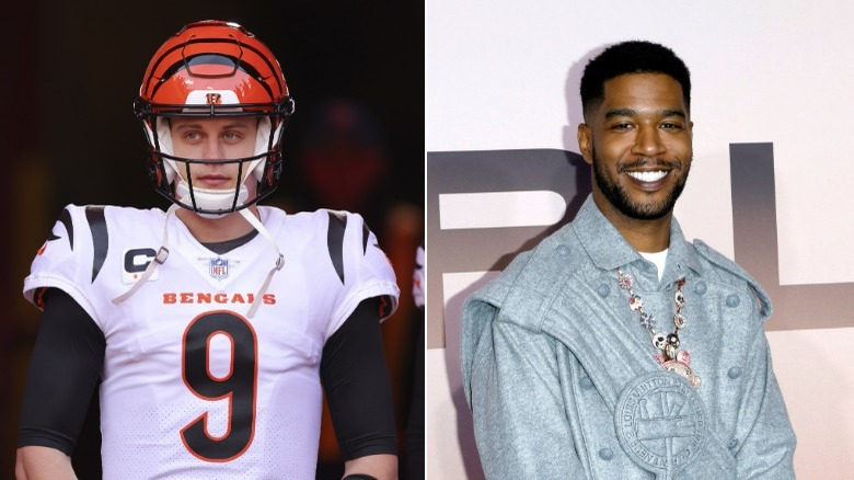 Joe Burrow in jersey, Kid Cudi smiling