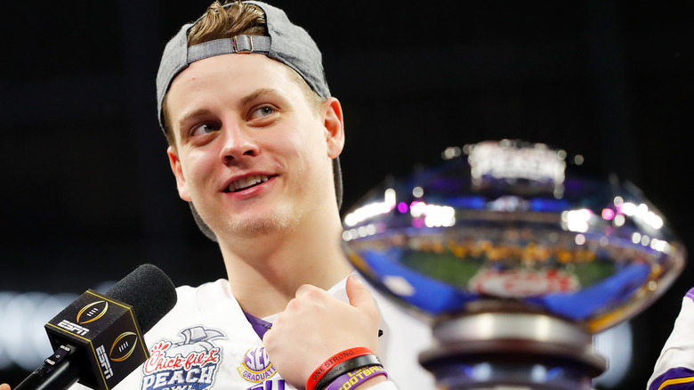 Joe Burrow speaking with reporters in college