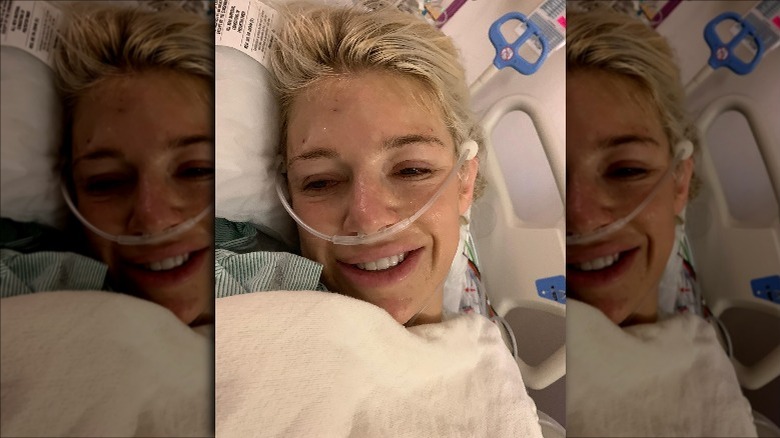 Kelly Stafford takes a selfie from a hospital bed 