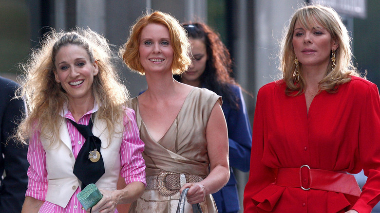 Sarah Jessica Parker, Cynthia Nixon, Kim Cattrall filming Sex and the City