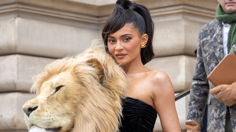 Kylie Jenner wearing lion head on dress, posing