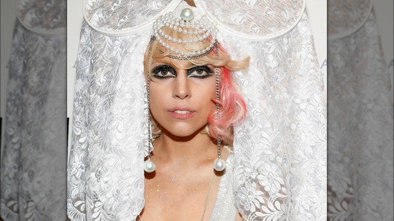 Lady Gaga wearing pink hair