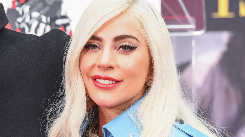 Lady Gaga in blue leather coat