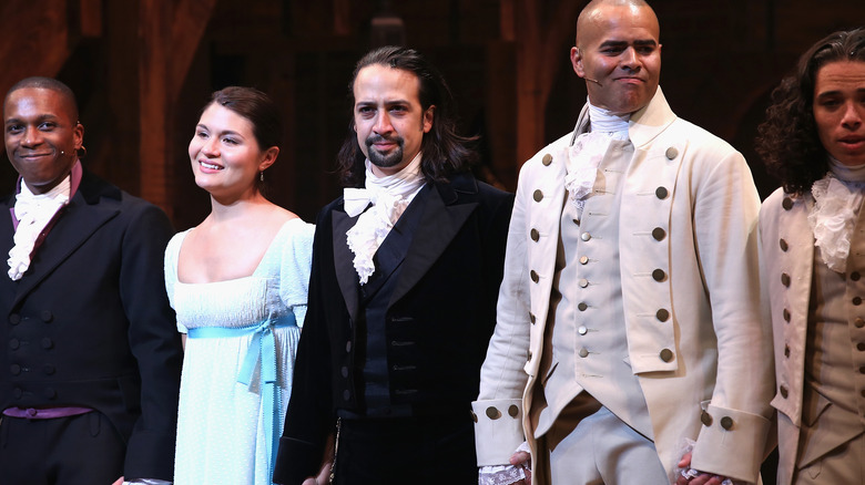 Leslie Odom Jr., Phillipa Soo, Lin-Manuel Miranda, Christopher Jackson, and Anthony Ramos on stage