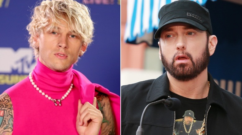 Machine Gun Kelly wearing pink, Eminem wearing a Run DMC shirt