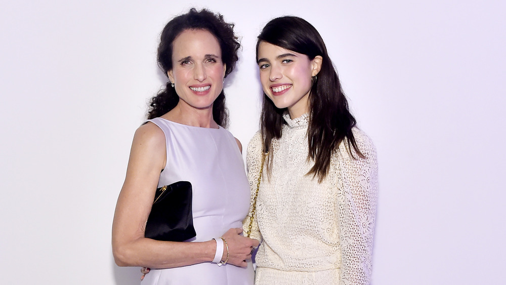 Andie MacDowell and her daughter Margaret Qualley smiling and embracing 