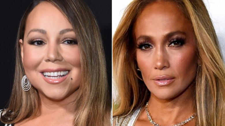 Mariah Carey smiling, Jennifer Lopez looking at camera