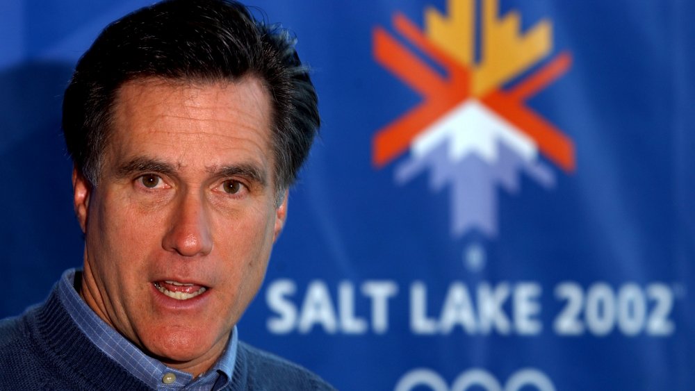 Mitt Romney at a press event for the Salt Lake City Olympics