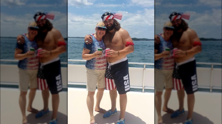 Donna Kelce, Jason Kelce holding drinks