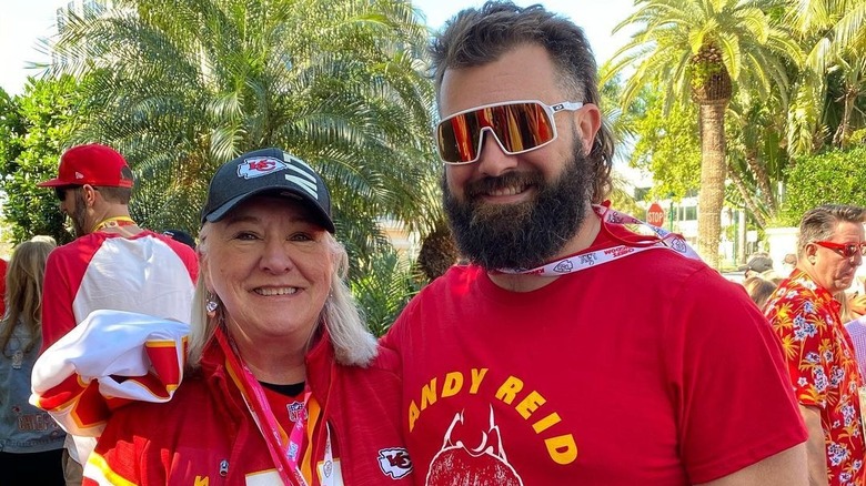 Donna Kelce, Jason Kelce posing outdoors