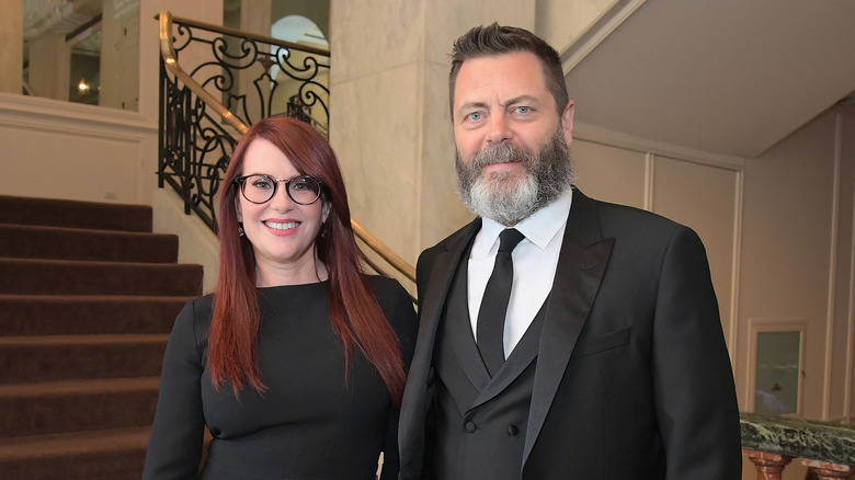 Megan Mullally, Nick Offerman smiling