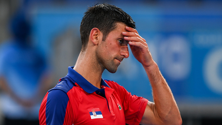 Novak Djokovic looking stressed