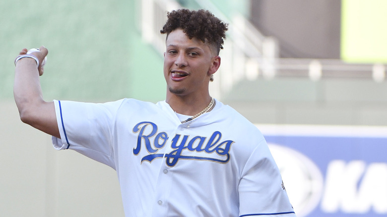 Patrick Mahomes throwing a baseball