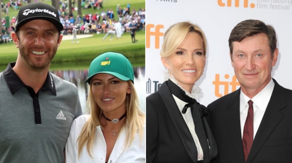 Dustin Johnson and Paulina Gretzky at the 2016 Masters Tournament; Janet Jones and Wayne Gretzky at 2014 TIFF