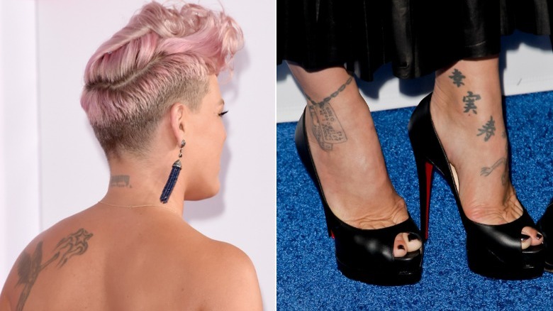 Pink's neck and feet tattoos