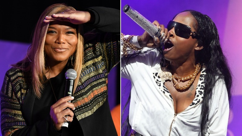 Queen Latifah with her hand on her head, Foxy Brown rapping in sunglasses